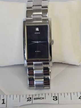 GUESS Men's Y2K Silver Steel Bracelet Watch with Black Dial